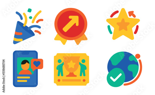 Flat vector icons of celebration and social change success: confetti for good icon, milestone celebration badge, community award trophy, change accomplished star, impact story screen, legacy plaque
