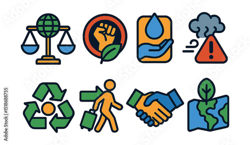 Flat vector icons of climate justice and ecological equity: climate justice scale, environmental activism badge, clean water rights icon, air quality alert, zero-waste symbol, climate migration sign,