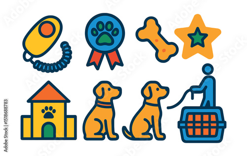 Flat vector icons of pet training and behavior: clicker training tool, obedience command badge, reward treat icon, leash training guide, puppy school symbol, sit/stay commands, positive behavior star