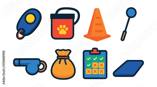 Flat vector icons of training accessories: clicker, treat pouch, agility cone, target stick, training whistle, reward bag, behavior chart, training mat.