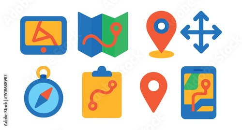 Flat vector icons of navigation and mobility tools: GPS device, paper map, route pin, navigation arrows, compass, travel itinerary, location marker, trip planner screen.