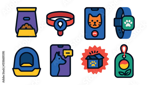 Flat vector icons of pet care trends and innovation: smart feeder icon, GPS collar device, pet cam app screen, health tracking band, auto litter box, tele-vet app, subscription box badge,
