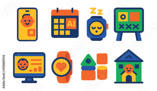 Flat vector icons of childcare trends and future innovations: digital daycare app, AI-powered schedule tool, smart sleep tracker, interactive learning board, online parent dashboard, wearable monitor