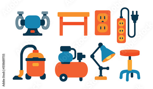 Flat vector icons of common workshop utilities: bench grinder, workbench, power outlet, extension cord, shop vacuum, air compressor, clamp light, workshop stool.