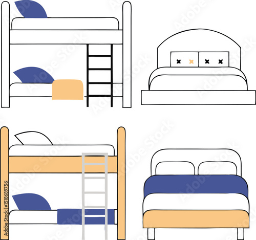 Colorful hand drawn beds illustrating different bed designs for interior decoration