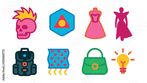 Flat vector icons of fashion style and innovation: edgy style icon, futuristic fashion badge, couture symbol, avant-garde silhouette, techwear gear, experimental textile, trend-forward accessory,