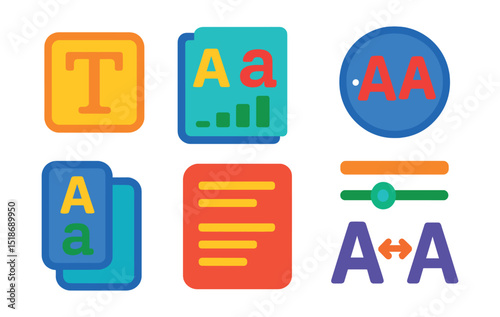 Flat vector icons of typography and fonts: typeface icon, font pair chart, character kerning badge, uppercase/lowercase toggle, text alignment symbol, font weight slider, typography poster, letter