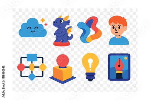 Flat vector icons of creativity and innovation in 3D art: imagination cloud icon, fantasy creature sculpt, abstract 3D form, stylized character design, artistic flow chart, unique render concept,