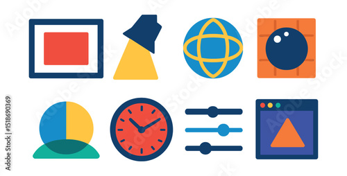 Flat vector icons of rendering and lighting: final render frame, spotlight icon, global illumination badge, ambient occlusion grid, HDR lighting dome, render time clock, shadow settings slider,