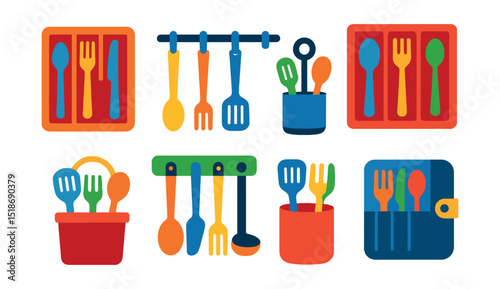 Flat vector icons of utensil sets and organizers: utensil drawer insert, hanging rail with hooks, rotating utensil holder, cutlery tray, utensil caddy, wall-mounted rack, tool crock, roll-up pouch.