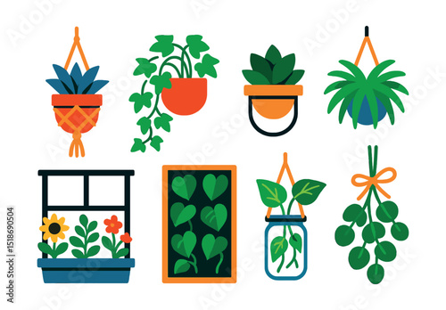 Flat vector icons of hanging and wall plants: macrame plant hanger, trailing ivy pot, wall-mounted succulent, hanging fern, window ledge planter, vertical wall garden, pothos in hanging jar,