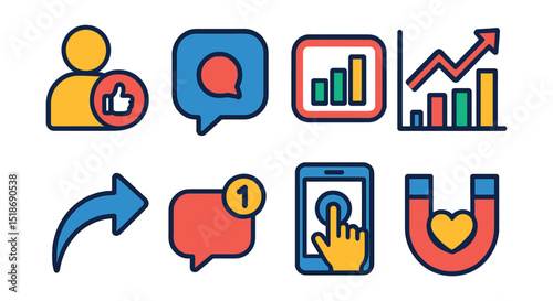 Flat vector icons of engagement and interaction: user reaction icon, comment bubble badge, poll result chart, engagement rate graph, social share icon, message notification symbol, interactive
