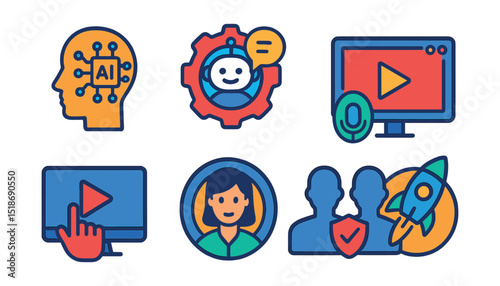 Flat vector icons of emerging trends and future tech: AI in marketing icon, chatbot automation badge, voice search trend icon, video-first strategy symbol, interactive video screen, virtual brand