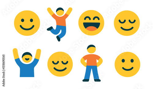 Flat vector icons of positive emotions: happy face, joyful jump, laughing expression, content smile, excited hands up, peaceful eyes closed, proud stance, hopeful look.