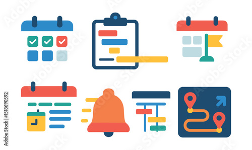 Flat vector icons of planning and scheduling: calendar with tasks, Gantt chart icon, timeline bar, milestone flag, daily schedule icon, deadline bell, resource planning sheet, project roadmap.