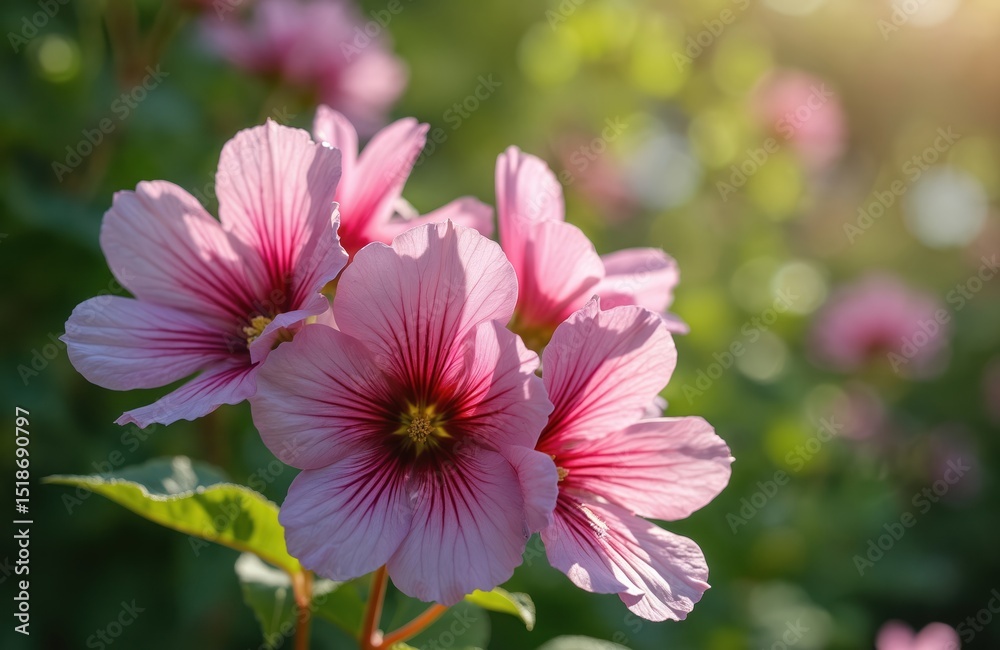 Obraz premium Delicate pink magenta Althaea officinalis flowers. Marsh-mallow blooms in garden. Floral outdoor background, sunny summer day. Close-up of colorful petals, natural light creates romantic, spring,