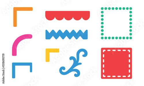 Flat vector icons of decorative borders and corners: corner bracket, scalloped edge, zigzag border, dotted frame, curved corner, square corner accent, border flourish, stitched shape edge.