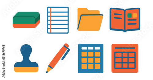 Flat vector icons of classroom stationery: chalkboard eraser, lined paper, assignment folder, student planner, classroom stamp, grading pen, seating chart sheet, class schedule.