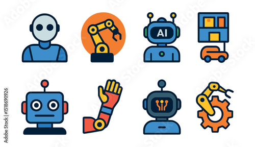 Flat vector icons of robotics and automation: humanoid robot icon, robotic arm badge, AI-powered robot assistant, warehouse automation symbol, smart robot face, bionic limb icon, machine learning