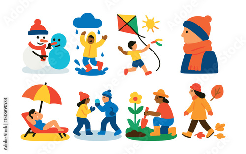 Flat vector icons of seasonal weather activities: building snowman, jumping in puddles, flying a kite, wearing scarf, beach sunbathing, snowball fight, gardening in spring, autumn leaf walk.