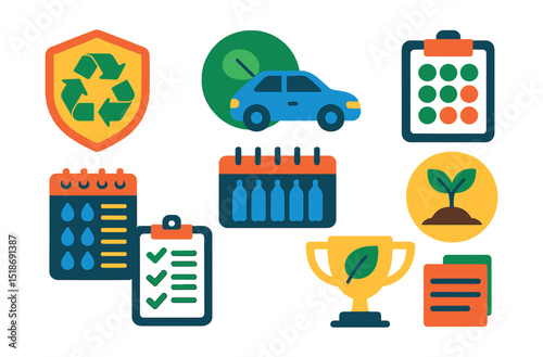 Flat vector icons of personal eco goals and achievements: zero waste challenge badge, low carbon lifestyle icon, weekly green habit tracker, water usage log, monthly plastic count, tree planting