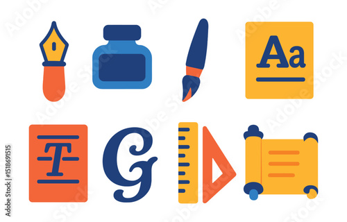 Flat vector icons of calligraphy and lettering tools: calligraphy pen, ink bottle, brush pen, alphabet sample, lettering guide, decorative font, ruler and angle, paper scroll.