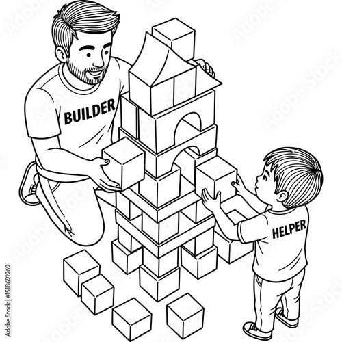 Building blocks father and son playing together stacking blocks in a creative activity