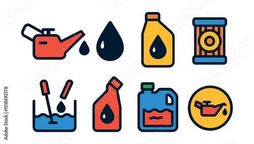 Flat vector icons of oil and fluid maintenance: oil can, dripping oil icon, motor oil bottle, oil filter, fluid check, transmission fluid, coolant tank, oil change reminder.