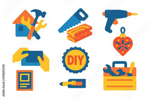 Flat vector icons of DIY and crafting: home project tools, saw and wood icon, glue gun, hands building, DIY badge, handmade decor, instruction sheet, toolbox icon.