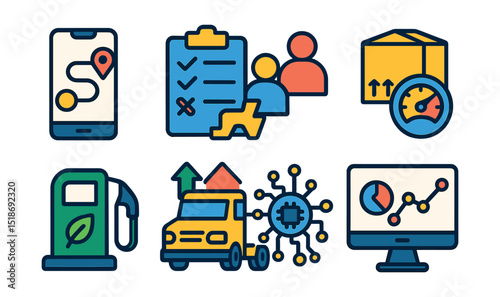 Flat vector icons of optimization and planning: route optimization, resource planning, cost reduction icon, efficient loading, fuel efficiency, optimized fleet, algorithm icon, system analysis.