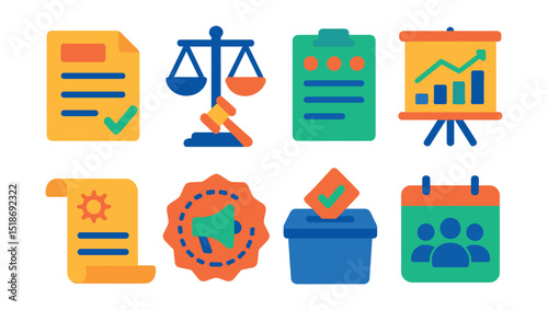 Flat vector icons of policy and systemic change: policy document icon, law reform symbol, government petition board, social policy chart, impact legislation scroll, political advocacy badge,