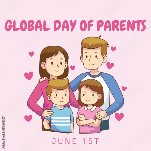 Global day of parents. 1st June Parents day celebration banner with family icons: Father, mother, son. The day spread awareness and importance of parenthood and their central role in child development