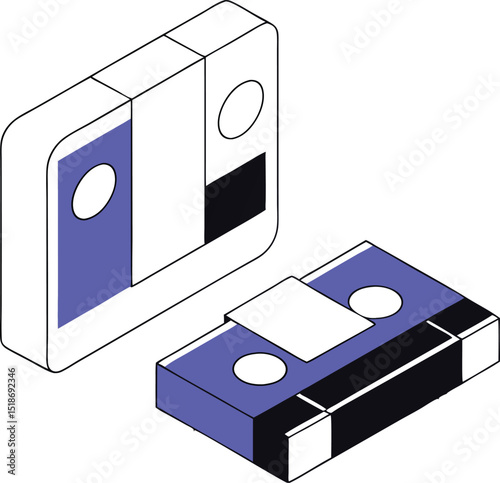 Isometric illustration of a cassette tape and case with a retro aesthetic