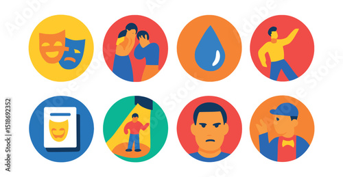 Flat vector icons of drama and storytelling: dramatic mask, emotional scene, tear icon, actor pose, drama script, spotlight solo, serious expression, theater director icon.