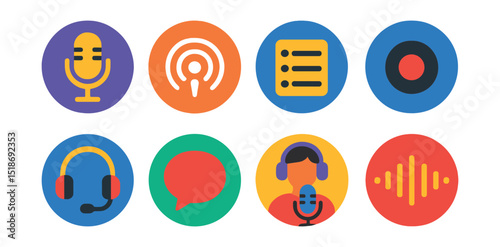 Flat vector icons of podcasts and talk shows: microphone, podcast icon, episode list, record button, headphone mic, talk bubble, podcast host, waveform in circle.