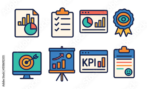 Flat vector icons of impact measurement and reporting: impact report chart, outcome tracker icon, metric dashboard, data for good symbol, transparency report badge, success impact icon, KPI monitor