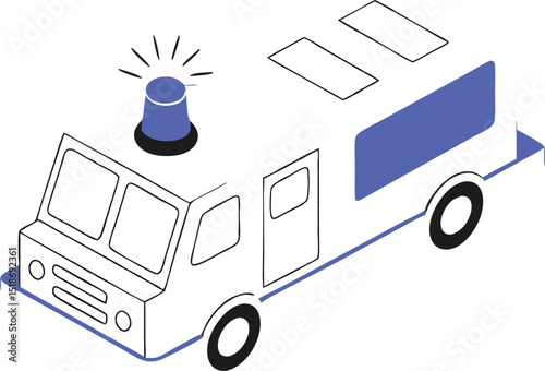 Isometric illustration of a blue and black emergency vehicle with siren on