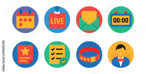 Flat vector icons of events and happenings: calendar event, live event badge, RSVP icon, countdown timer, event poster, guest list, entrance wristband, host icon.