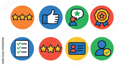 Flat vector icons of reviews and ratings: star rating icon, thumbs up/down, user review bubble, critic badge, review checklist, rating stars, comment card, verified reviewer.
