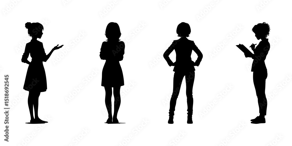 Obraz premium Women In Professional Poses Silhouette Icon Set. Business Communication And Posture Reference Symbol Collection. Corporate And Presentation Visuals. Isolated Vector Illustration
