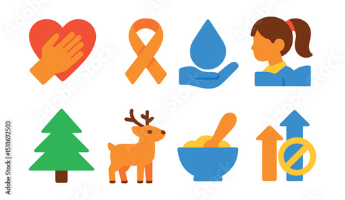 Flat vector icons of charitable causes: heart with cause, ribbon symbol, water for all, education for girls, save the forest, protect wildlife, feed the hungry, fight inequality.