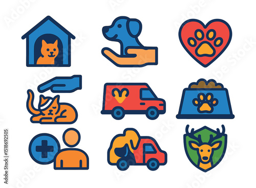 Flat vector icons of animal welfare and rescue: pet shelter, adoption icon, rescue truck, paw print heart, injured animal care, animal food icon, vet support, wildlife protection.