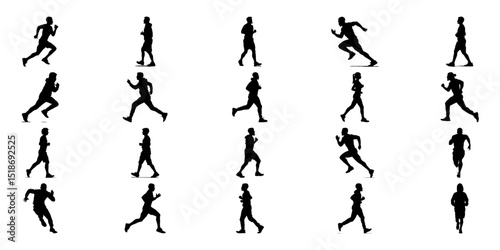 Running And Walking Human Silhouettes Icon Set. Dynamic Movement And Fitness Activity Symbol Collection. Sports And Exercise Visuals For Health And Wellness. Isolated Vector Illustration