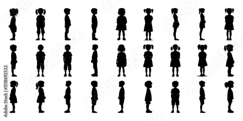Children In Side View Silhouette Icon Set. Growth And Development Observation Symbol Collection. Educational And Parenting Visuals. Isolated Vector Illustration