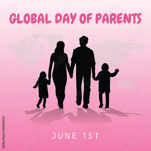 Global day of parents. 1st June Parents day celebration banner with family icons: Father, mother, son. The day spread awareness and importance of parenthood and their central role in child development