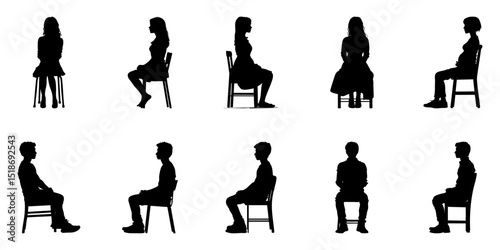 Seated Human Figures Silhouette Icon Set. Sitting Posture And Body Language Solid Symbol Collection. Isolated Vector Illustration