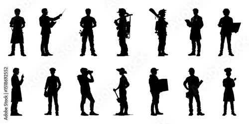 Silhouette Icon Set Of Diverse Professions. Occupational Role Representation Solid Symbol Collection. Career And Workforce Visuals For Educational And Professional Use. Isolated Vector Illustration