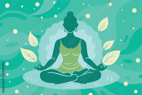 Meditating woman in lotus position with leaves and bubbles illustration on transparency