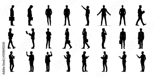 Business Professionals In Various Poses Silhouette Icon Set. Corporate Communication And Activity Symbol Collection. Ideal For Business Presentations And Ui Design. Isolated Vector Illustration