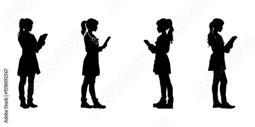 Silhouette Of Women Reading Books Icon Set. Educational And Learning Theme Solid Symbol Collection. Ideal For Educational, Library, And Literacy Campaigns. Isolated Vector Illustration